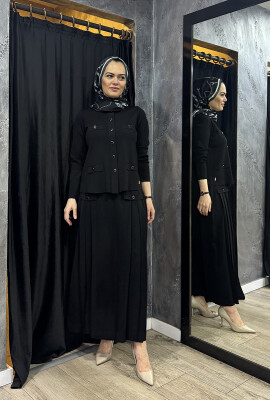 Miss Dalida Önü Düğmeli Cep Kapaklı Triko Kloş Etek BLACK 