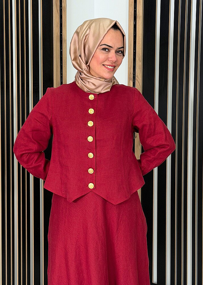 Miss Dalida Önü Düğmeli Kısa Keten Ceket Cherry