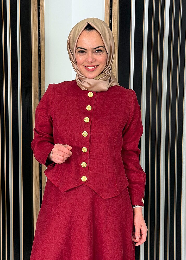 Miss Dalida Önü Düğmeli Kısa Keten Ceket Cherry (1)