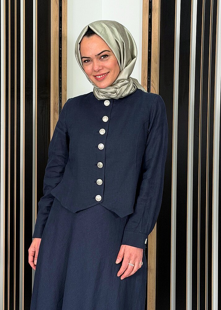 Miss Dalida Önü Düğmeli Kısa Keten Ceket Dark Navy