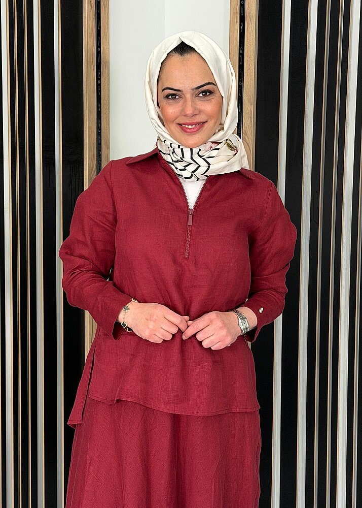 Miss Dalida Önü Fermuarlı Keten Gömlek Cherry - 1