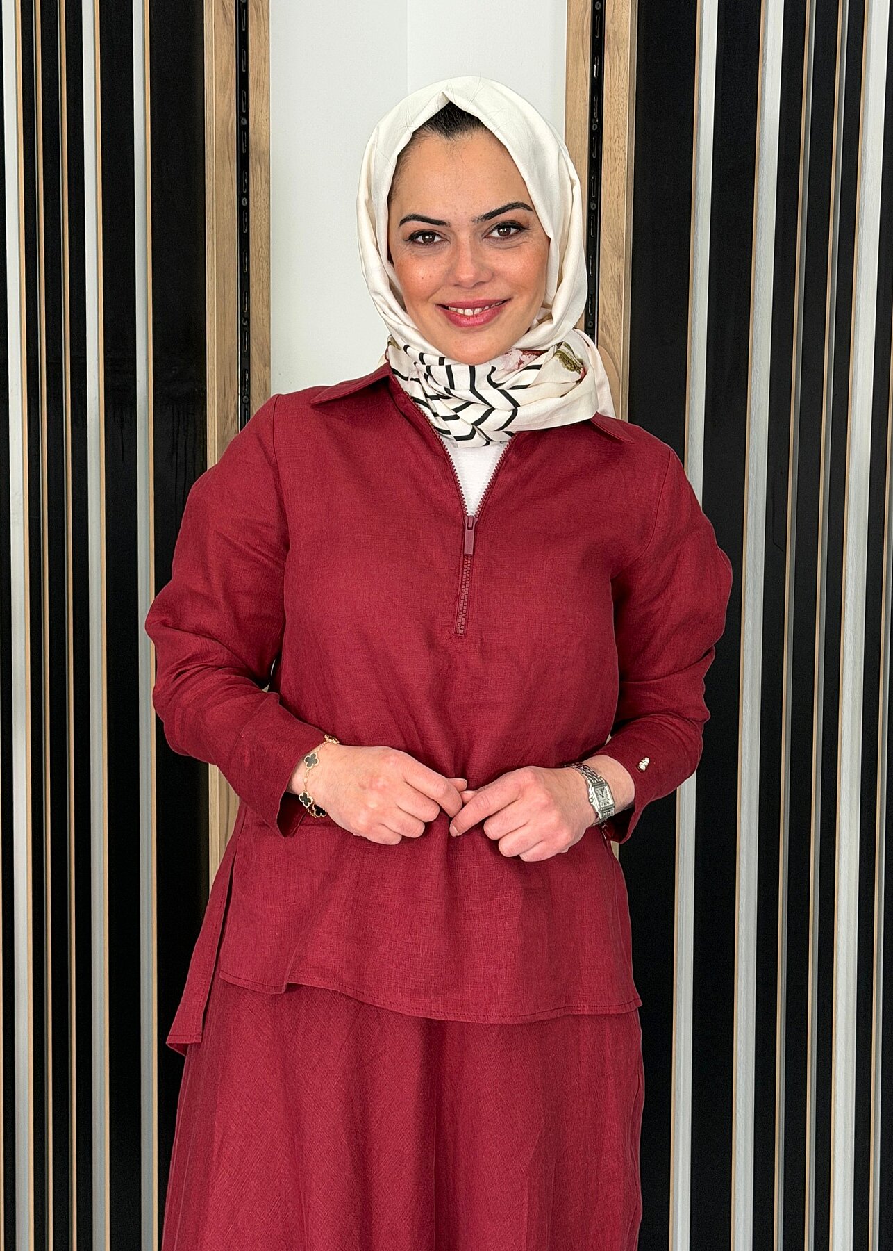 Miss Dalida Önü Fermuarlı Keten Gömlek Cherry - 1