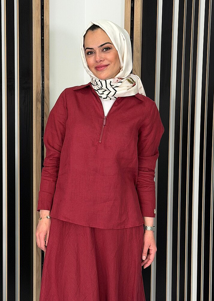 Miss Dalida Önü Fermuarlı Keten Gömlek Cherry - 2