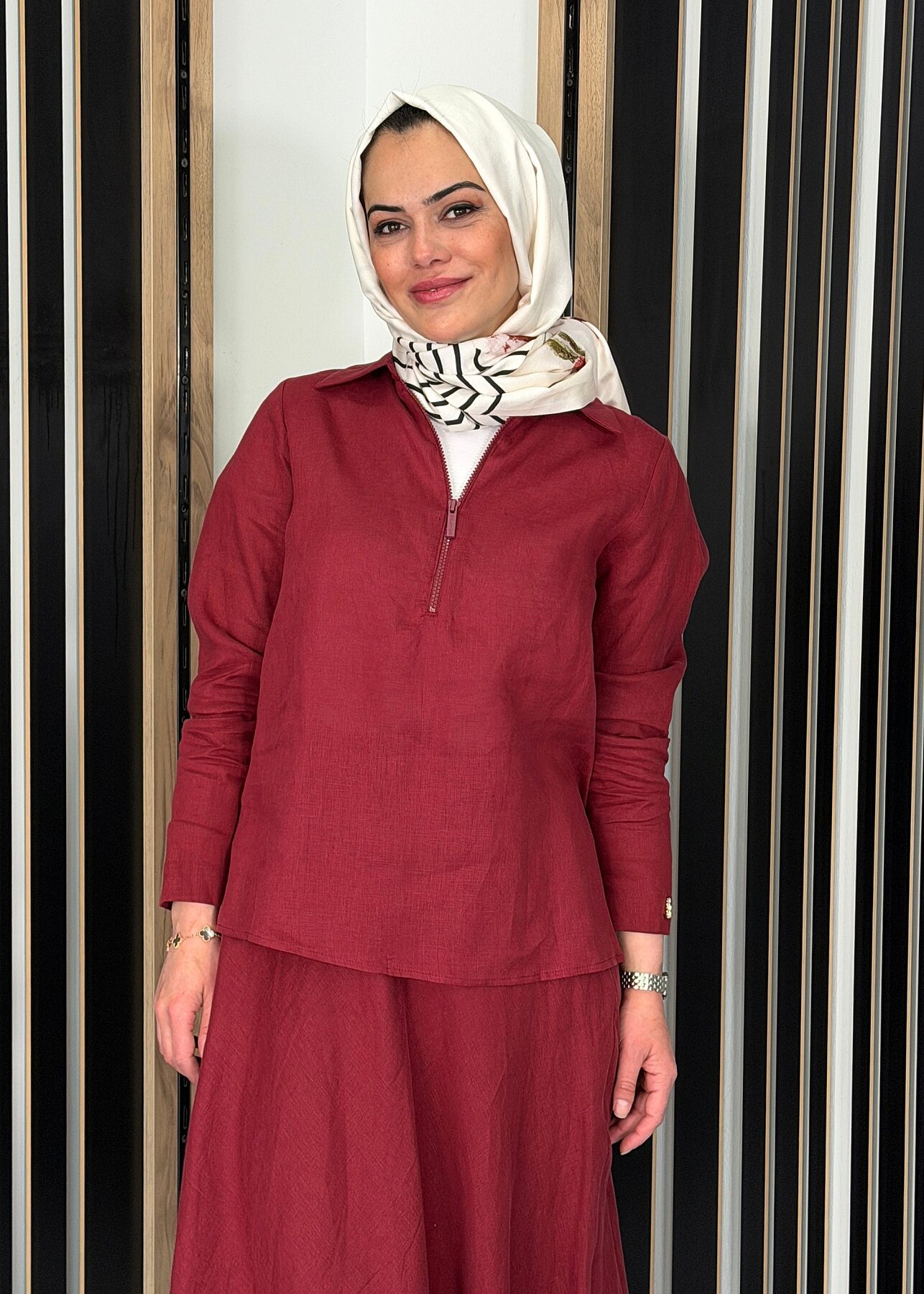 Miss Dalida Önü Fermuarlı Keten Gömlek Cherry - 2