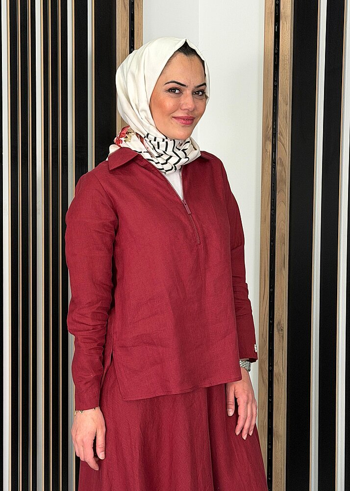 Miss Dalida Önü Fermuarlı Keten Gömlek Cherry - 3