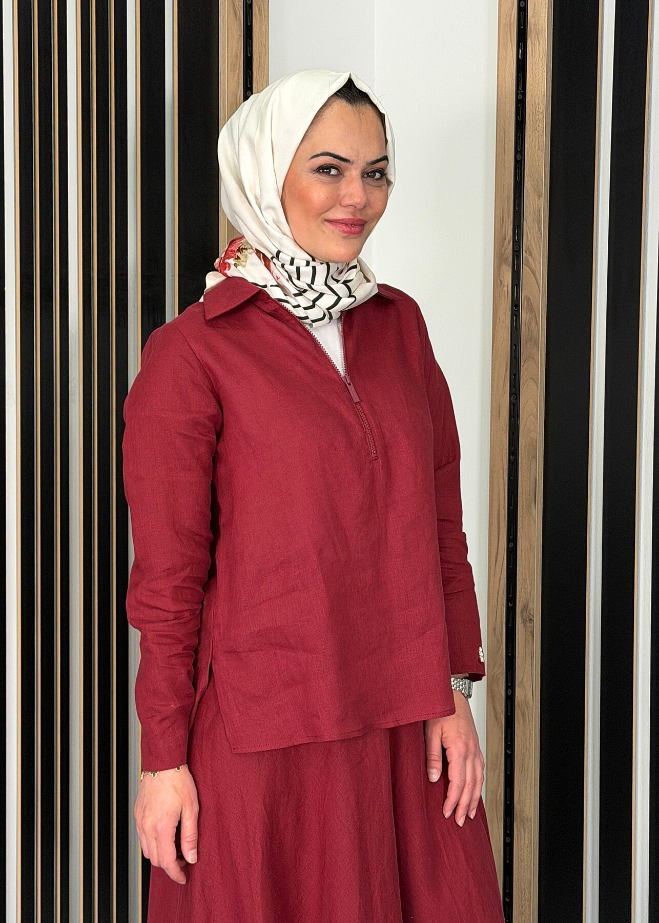Miss Dalida Önü Fermuarlı Keten Gömlek Cherry - 3