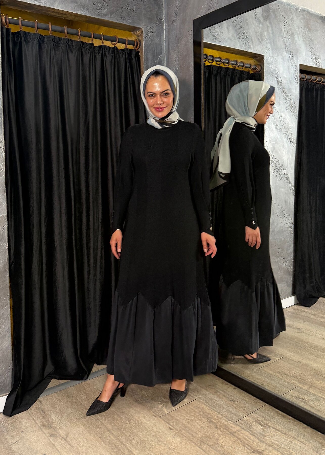 Miss Dalida Örgü Teknikli Düz Renk Uzun Triko Elbise BLACK - 2