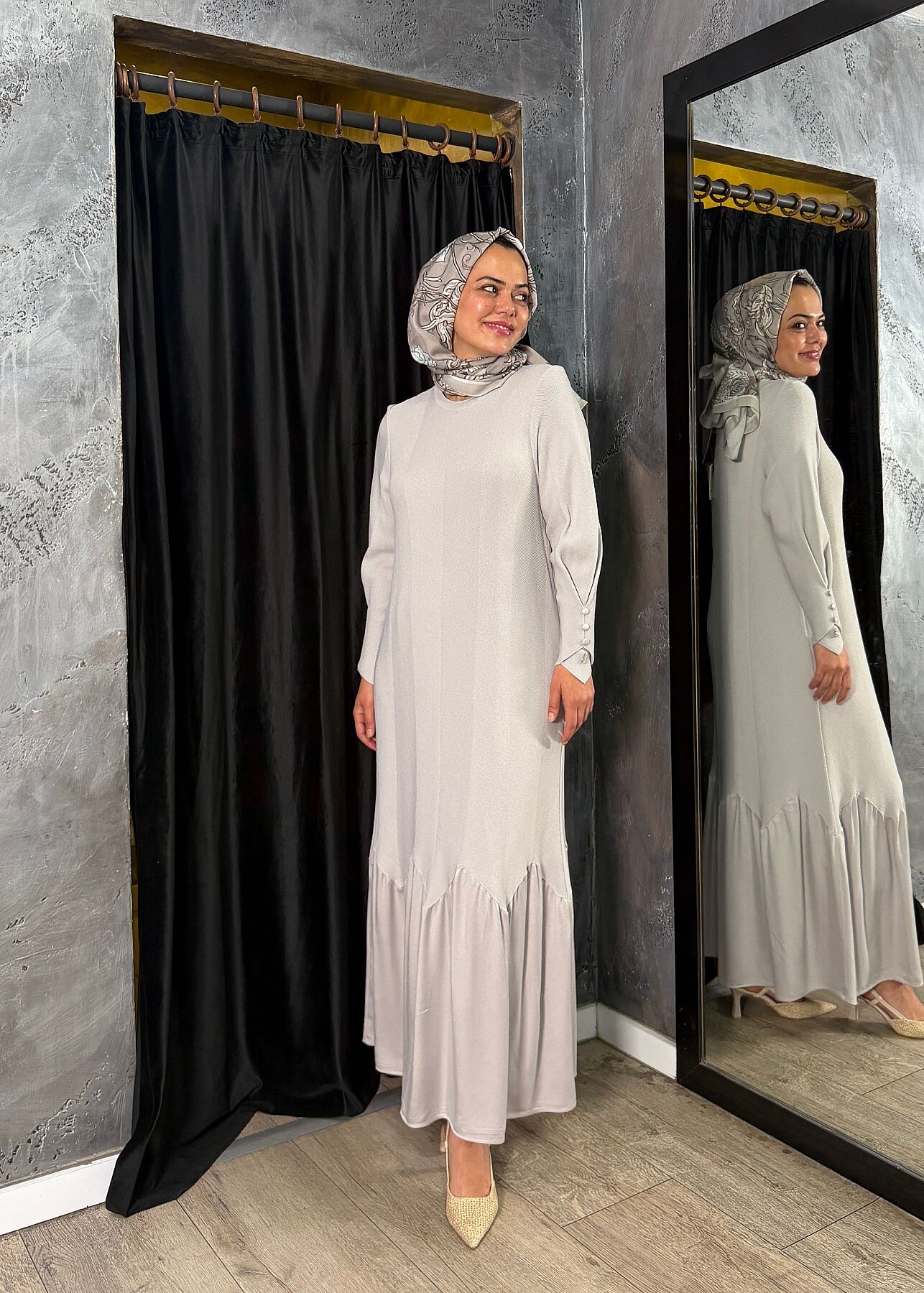 Miss Dalida Örgü Teknikli Düz Renk Uzun Triko Elbise Light Grey - 2