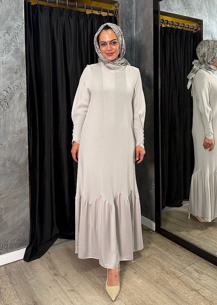 Miss Dalida Örgü Teknikli Düz Renk Uzun Triko Elbise Light Grey - 3