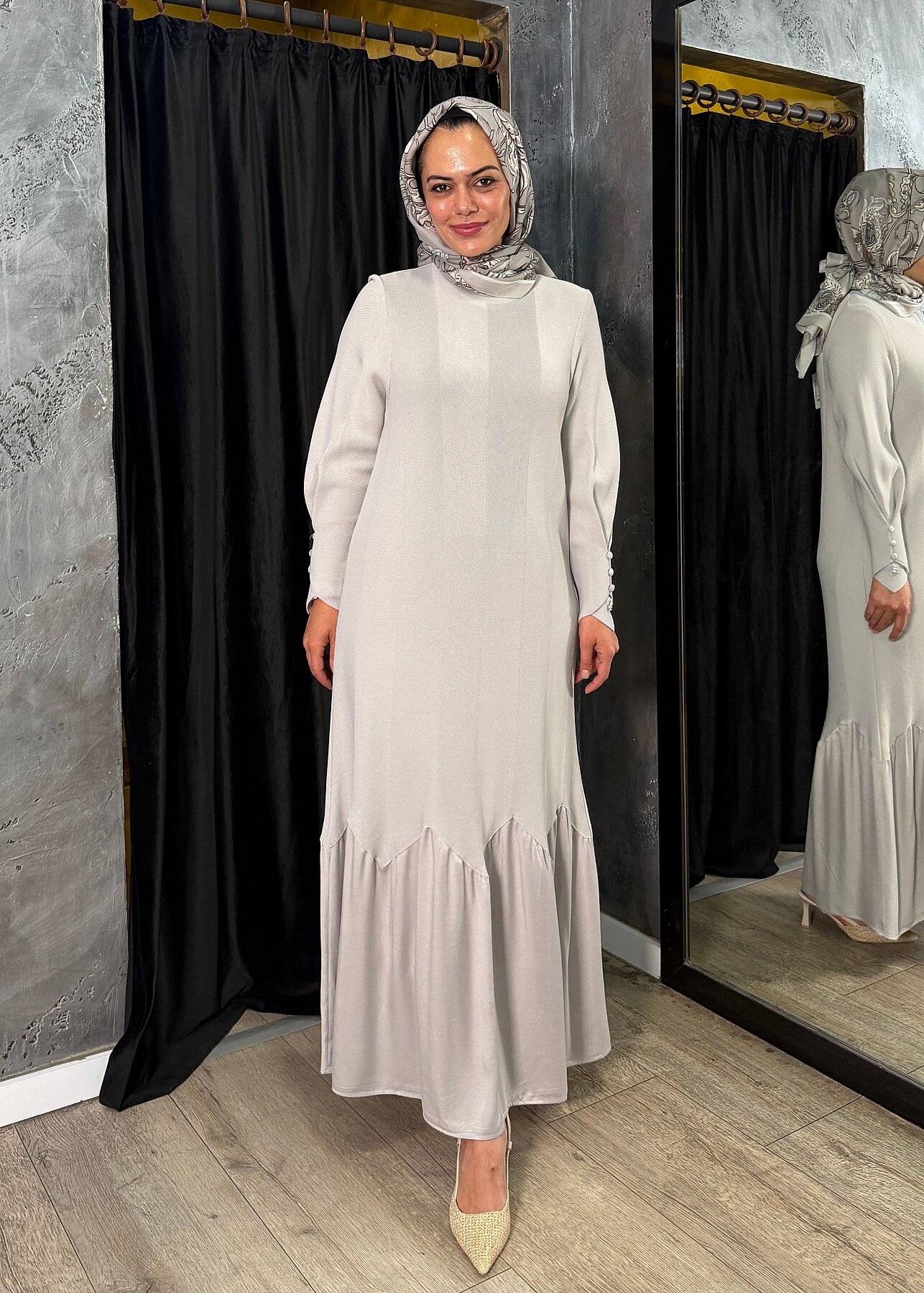 Miss Dalida Örgü Teknikli Düz Renk Uzun Triko Elbise Light Grey - 3