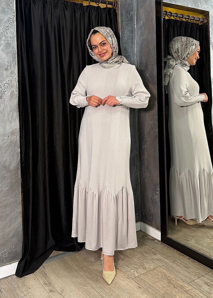 Miss Dalida Örgü Teknikli Düz Renk Uzun Triko Elbise Light Grey