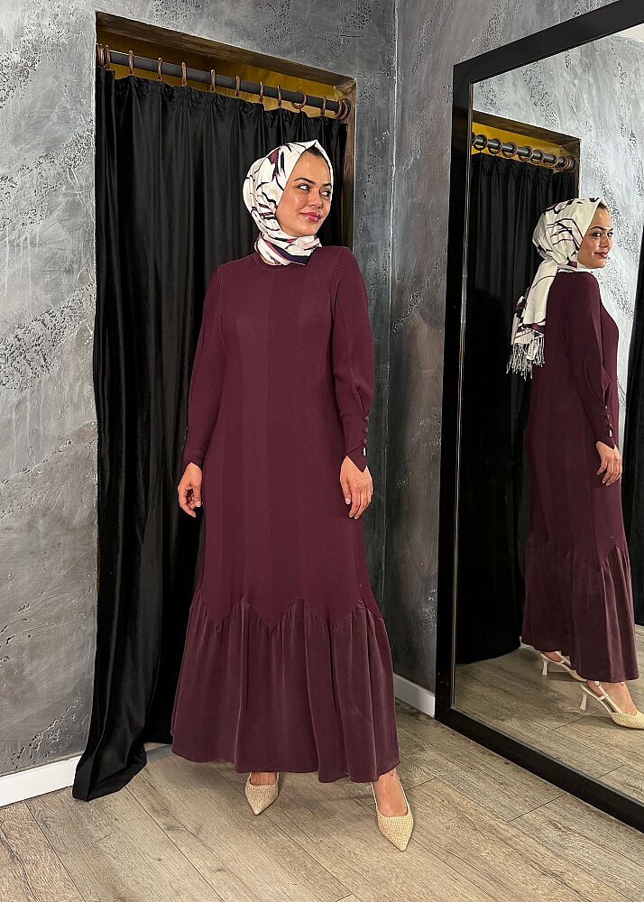 Miss Dalida Örgü Teknikli Düz Renk Uzun Triko Elbise Oubergine - 2