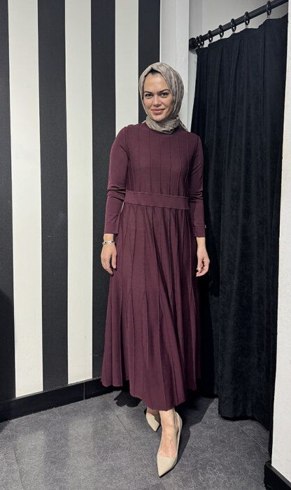 Miss Dalida Örgü Teknikli Triko Elbise BORDO - 1