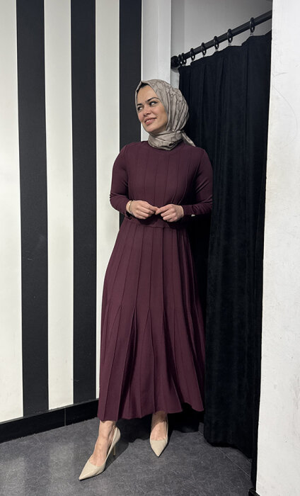 Miss Dalida Örgü Teknikli Triko Elbise BORDO - 3