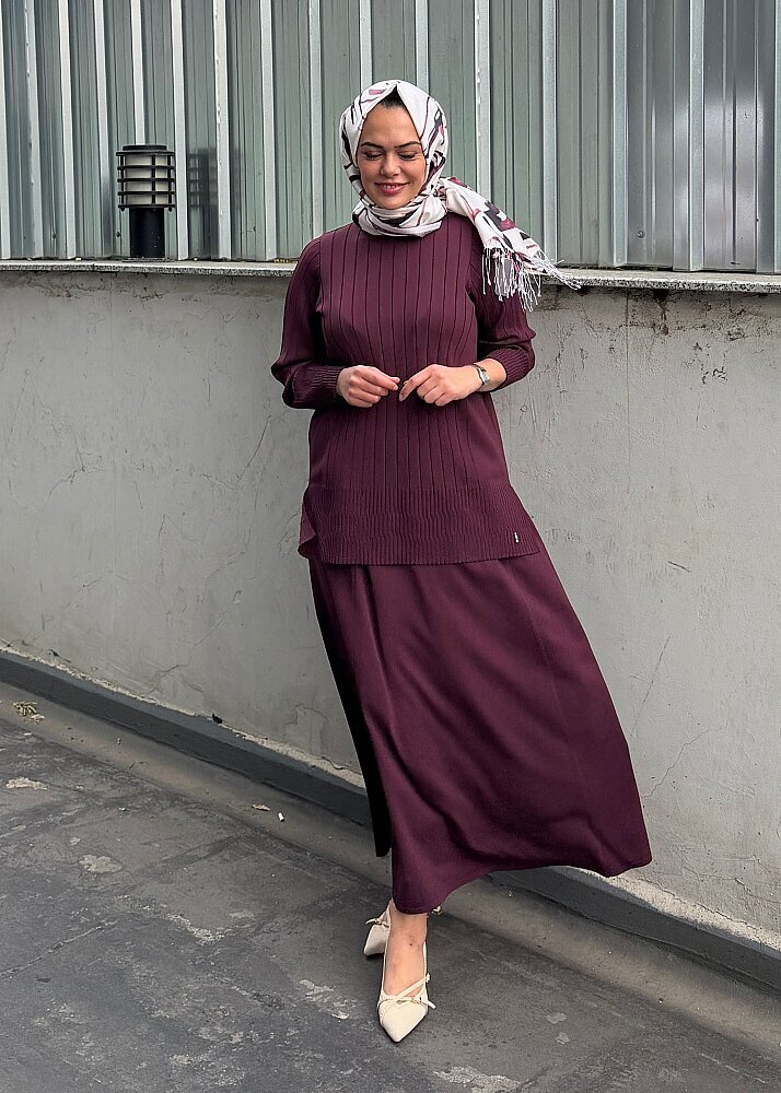 Miss Dalida Örgü Teknikli Triko Kiloş Etek Oubergine (1)