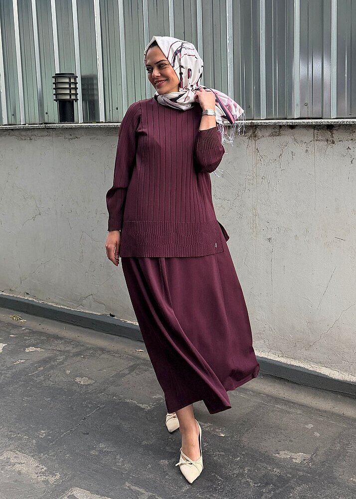 Miss Dalida Örgü Teknikli Triko Kiloş Etek Oubergine - 4