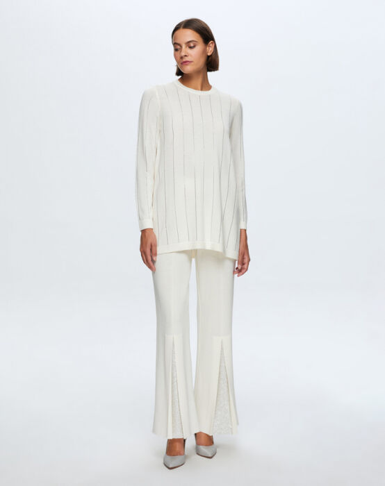 Miss Dalida Paçası Taşlı Triko Pantolon Fede/Ecru - 1