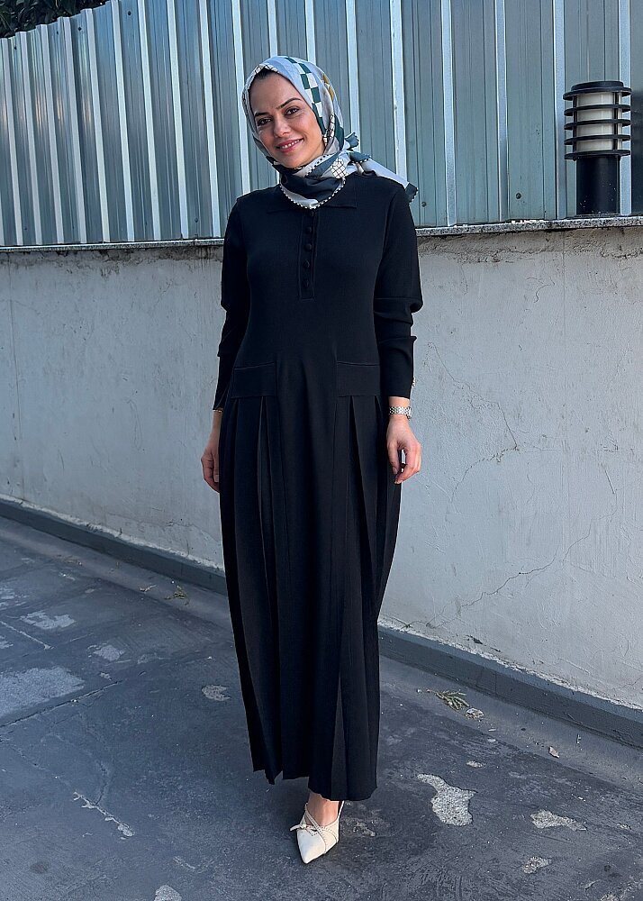 Miss Dalida Pile Detaylı Gömlek Yaka Uzun Elbise BLACK - 2