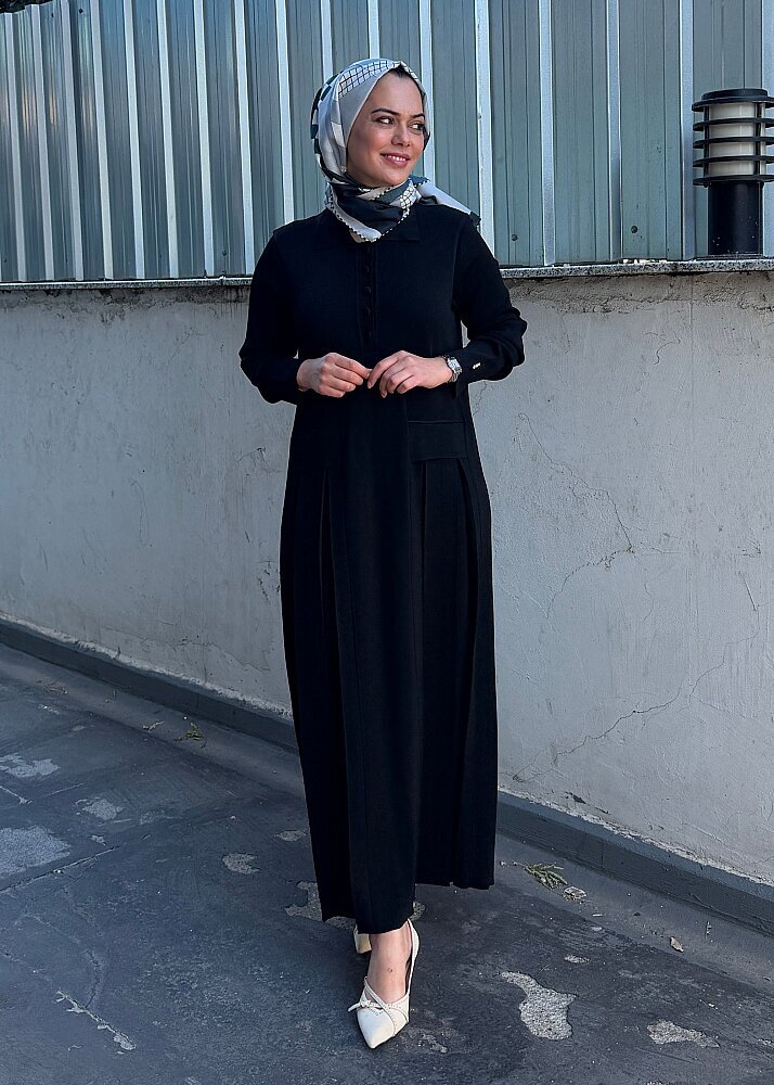 Miss Dalida Pile Detaylı Gömlek Yaka Uzun Elbise BLACK - 3