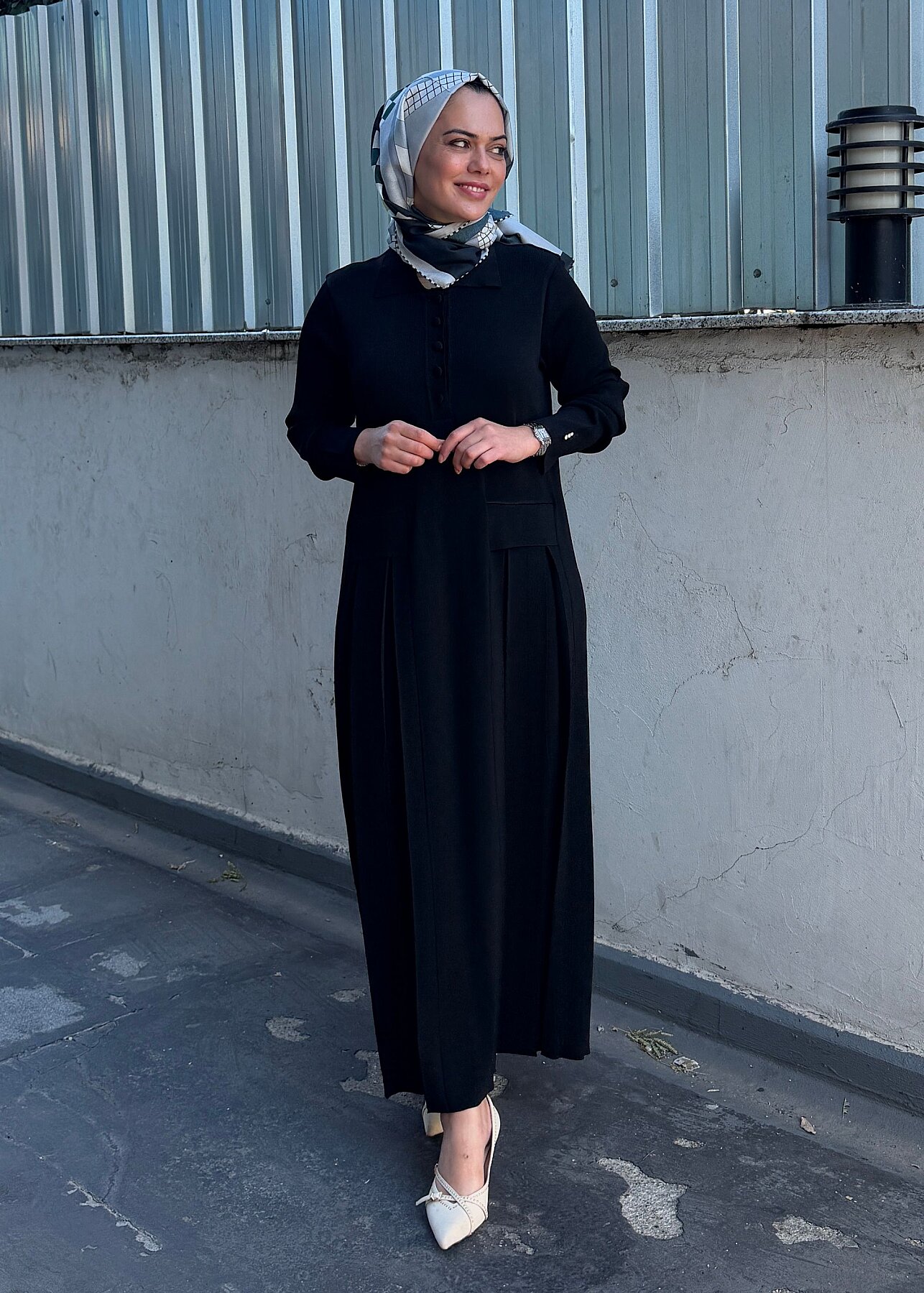 Miss Dalida Pile Detaylı Gömlek Yaka Uzun Elbise BLACK - 3