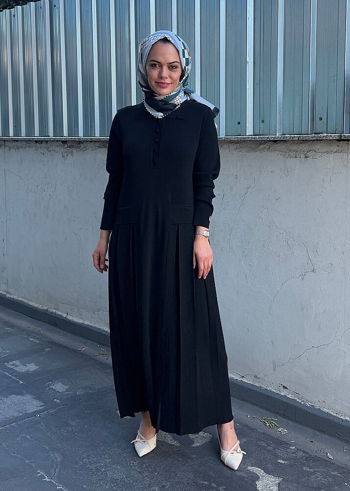 Miss Dalida Pile Detaylı Gömlek Yaka Uzun Elbise BLACK - 4