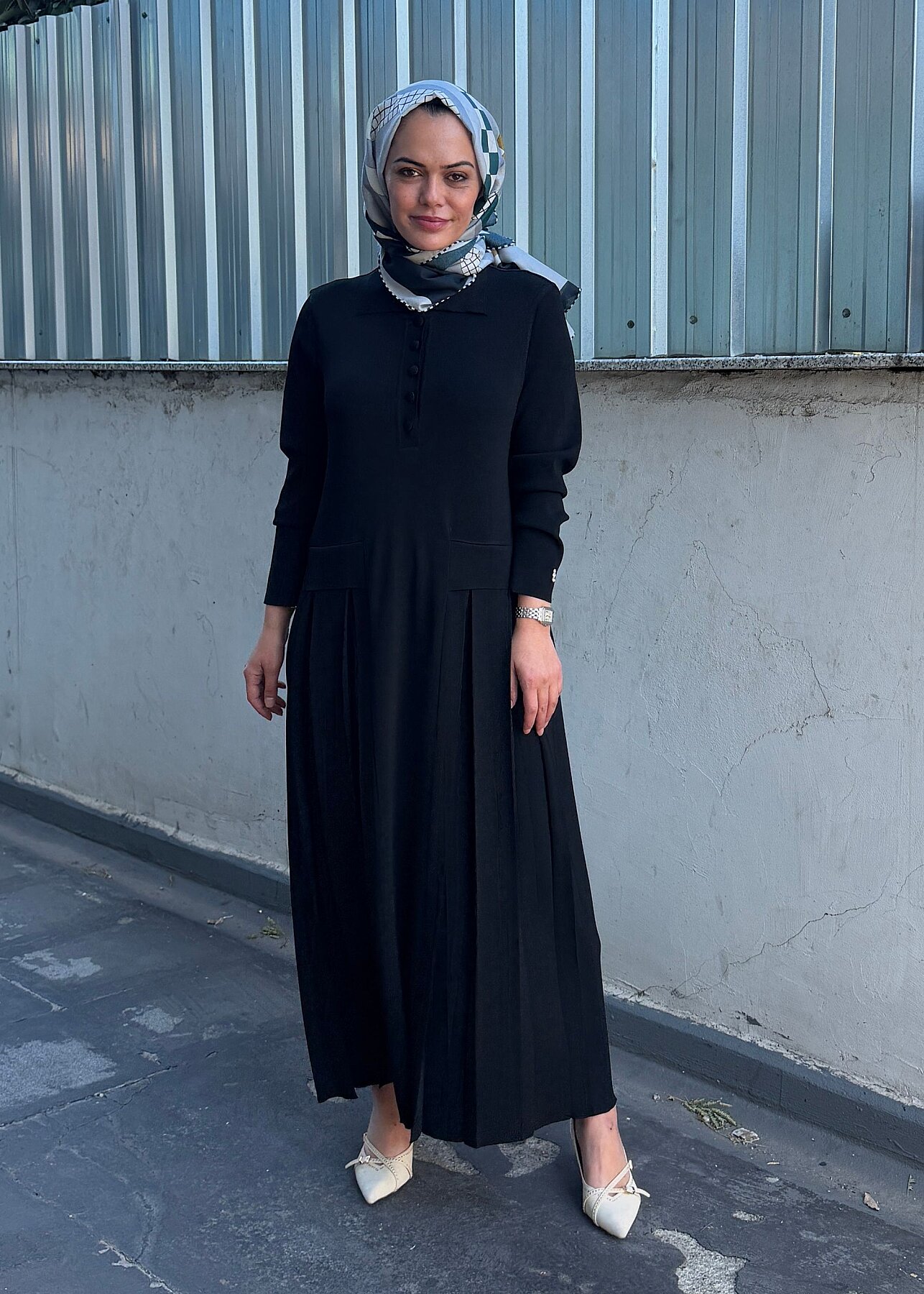 Miss Dalida Pile Detaylı Gömlek Yaka Uzun Elbise BLACK - 4