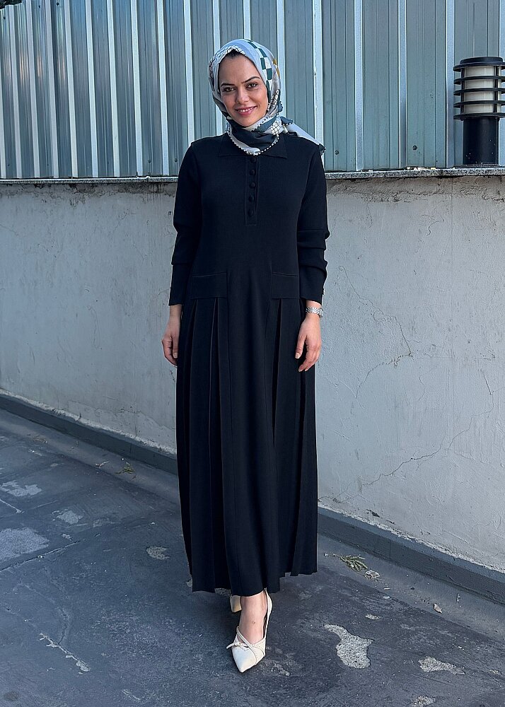Miss Dalida Pile Detaylı Gömlek Yaka Uzun Elbise BLACK