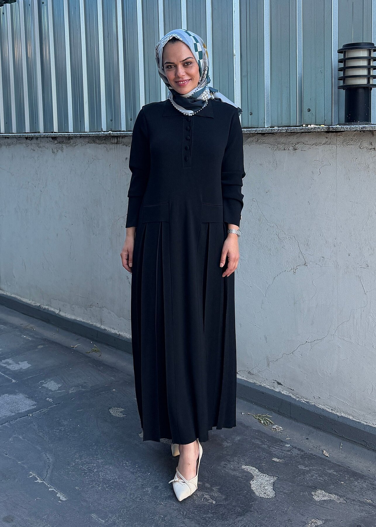 Miss Dalida Pile Detaylı Gömlek Yaka Uzun Elbise BLACK - 1
