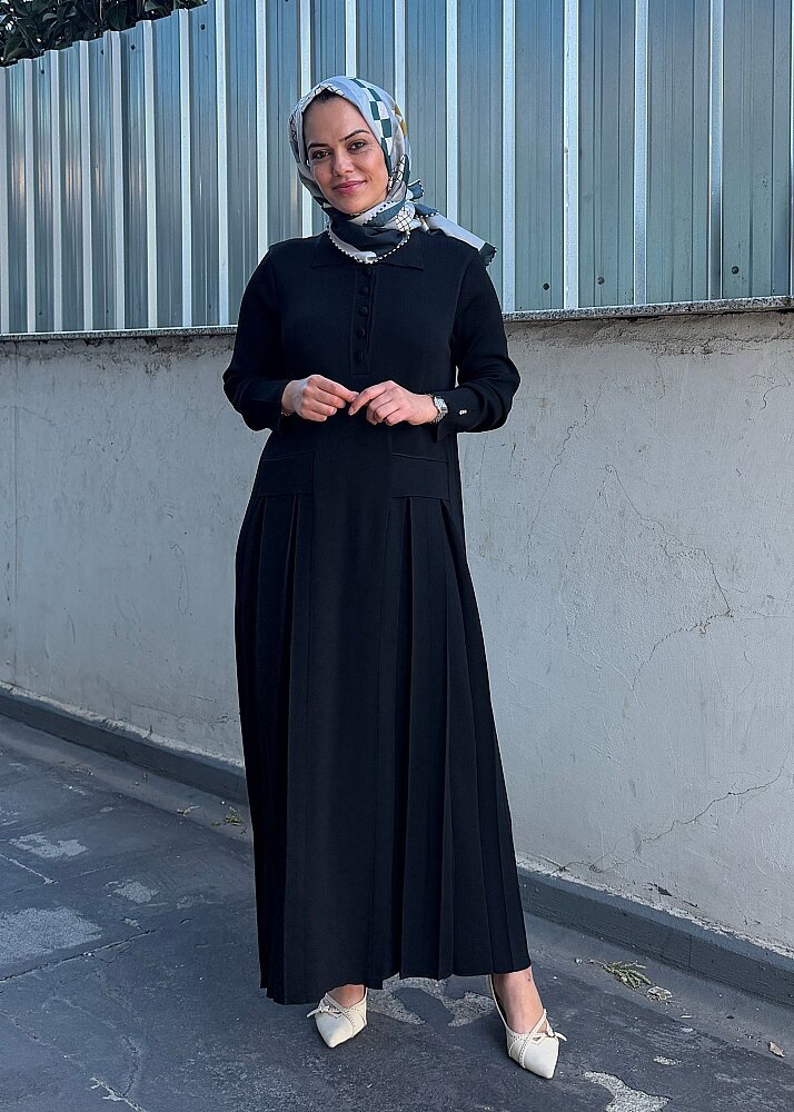 Miss Dalida Pile Detaylı Gömlek Yaka Uzun Elbise BLACK - 5