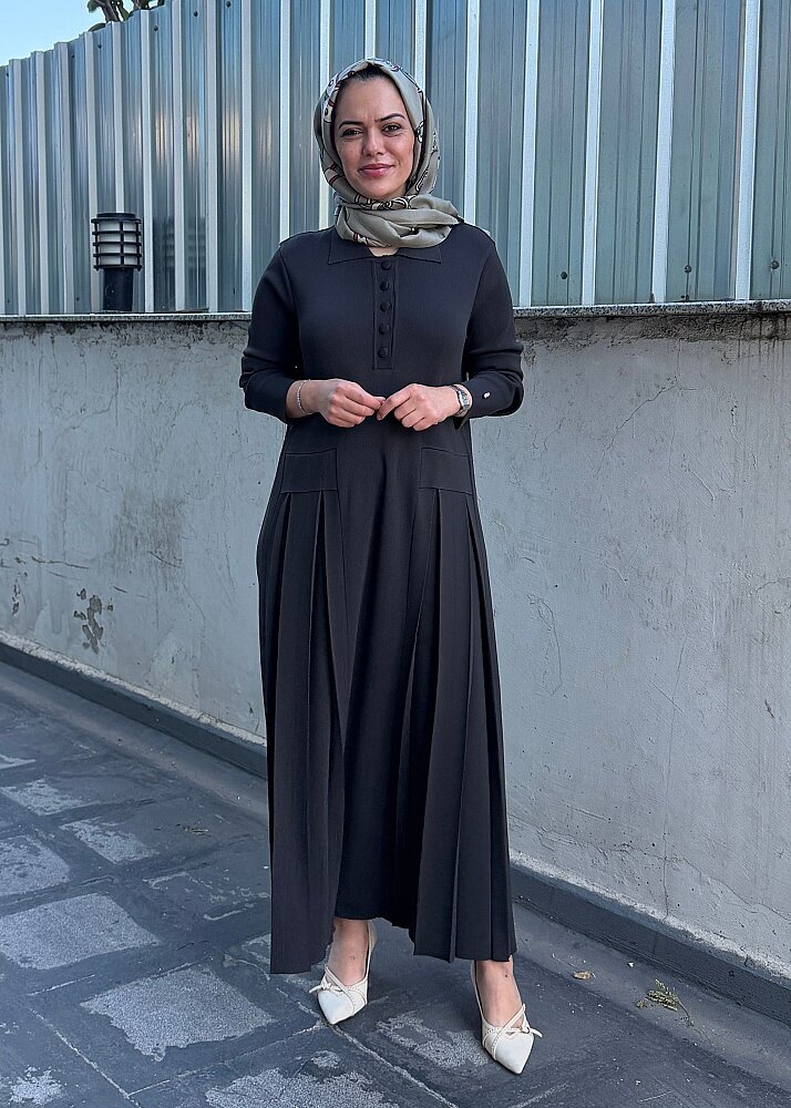 Miss Dalida Pile Detaylı Gömlek Yaka Uzun Elbise KHAKİ - 2