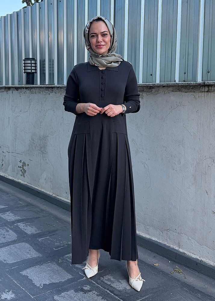 Miss Dalida Pile Detaylı Gömlek Yaka Uzun Elbise KHAKİ - 6