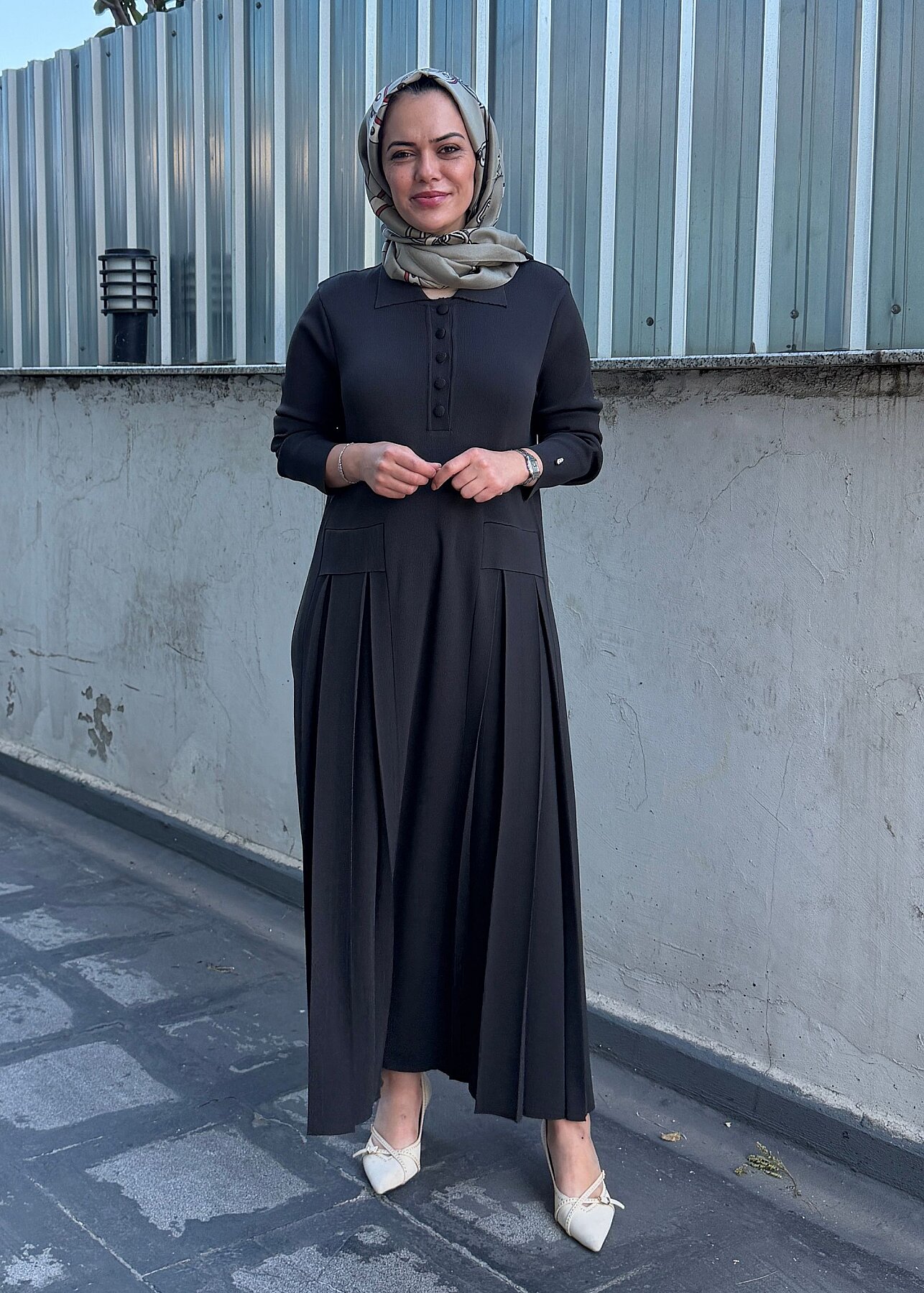 Miss Dalida Pile Detaylı Gömlek Yaka Uzun Elbise KHAKİ - 6