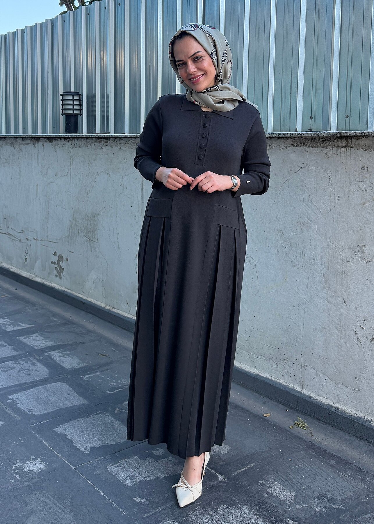 Miss Dalida Pile Detaylı Gömlek Yaka Uzun Elbise KHAKİ - 3