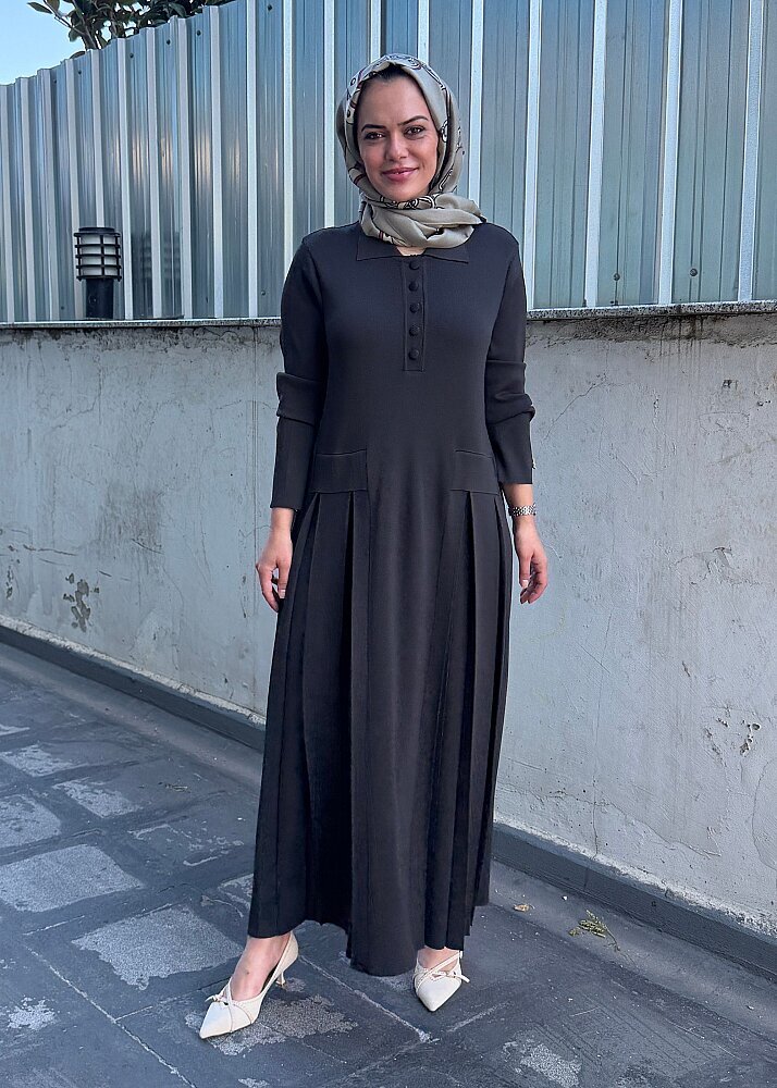 Miss Dalida Pile Detaylı Gömlek Yaka Uzun Elbise KHAKİ - 4