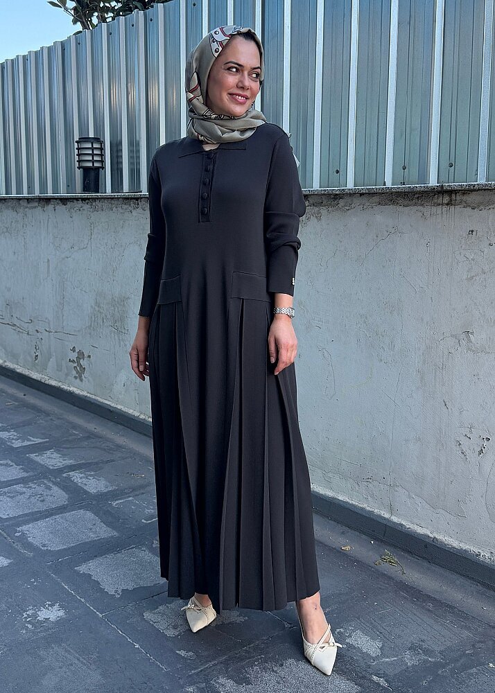 Miss Dalida Pile Detaylı Gömlek Yaka Uzun Elbise KHAKİ - 5