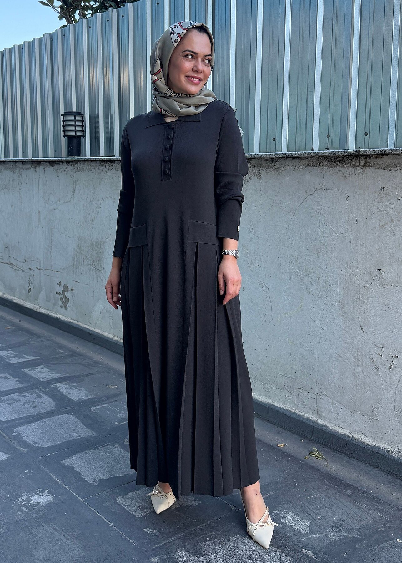 Miss Dalida Pile Detaylı Gömlek Yaka Uzun Elbise KHAKİ - 5