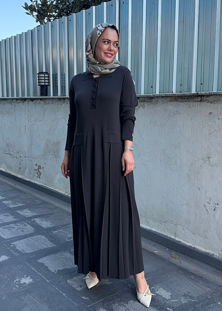 Miss Dalida Pile Detaylı Gömlek Yaka Uzun Elbise KHAKİ - 7
