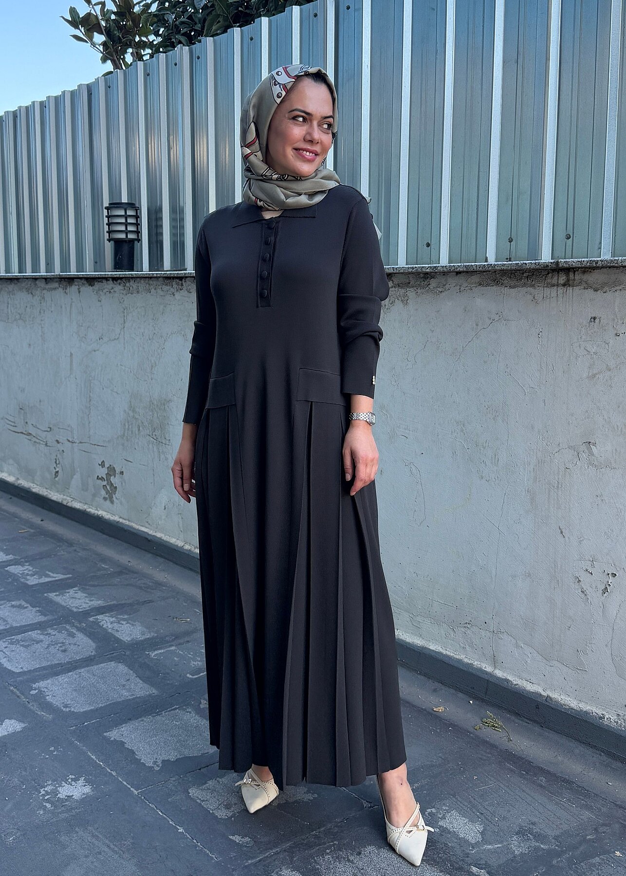 Miss Dalida Pile Detaylı Gömlek Yaka Uzun Elbise KHAKİ - 7