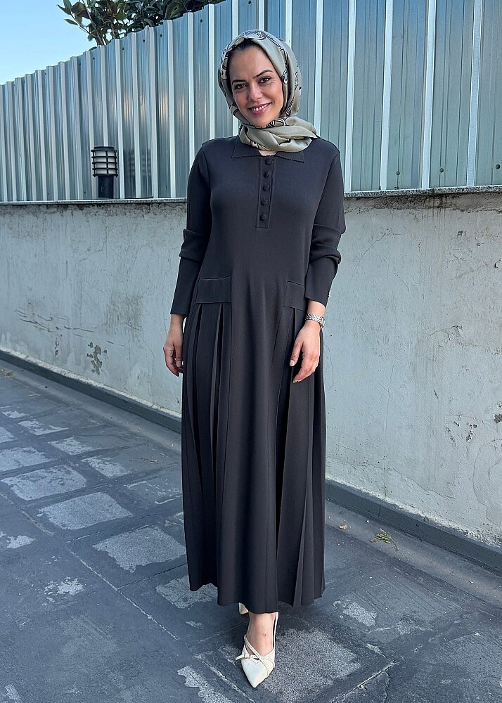 Miss Dalida Pile Detaylı Gömlek Yaka Uzun Elbise KHAKİ