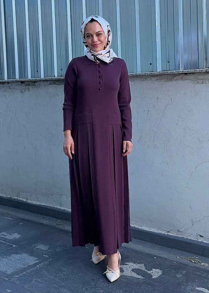 Miss Dalida Pile Detaylı Gömlek Yaka Uzun Elbise Oubergine - 2