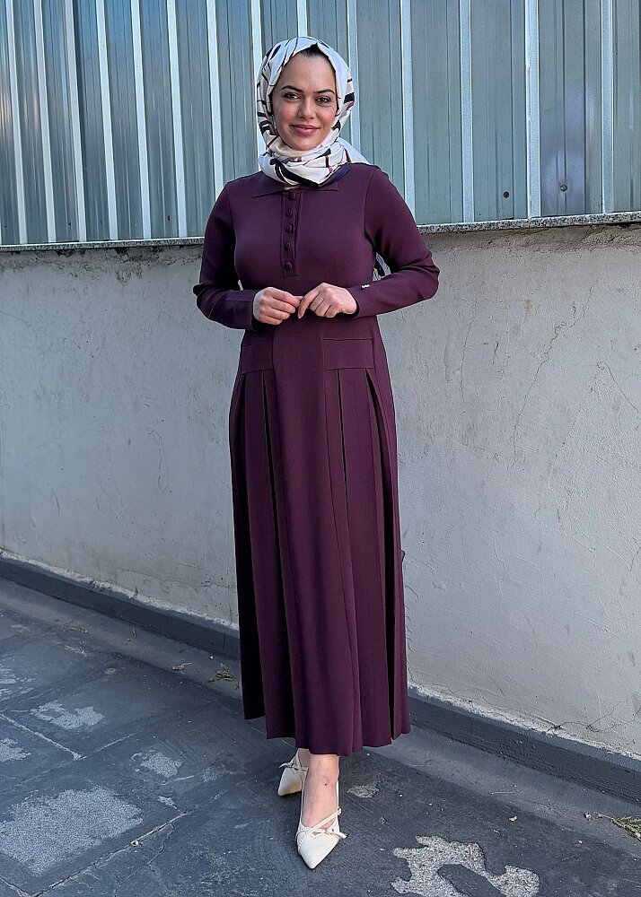 Miss Dalida Pile Detaylı Gömlek Yaka Uzun Elbise Oubergine - 3