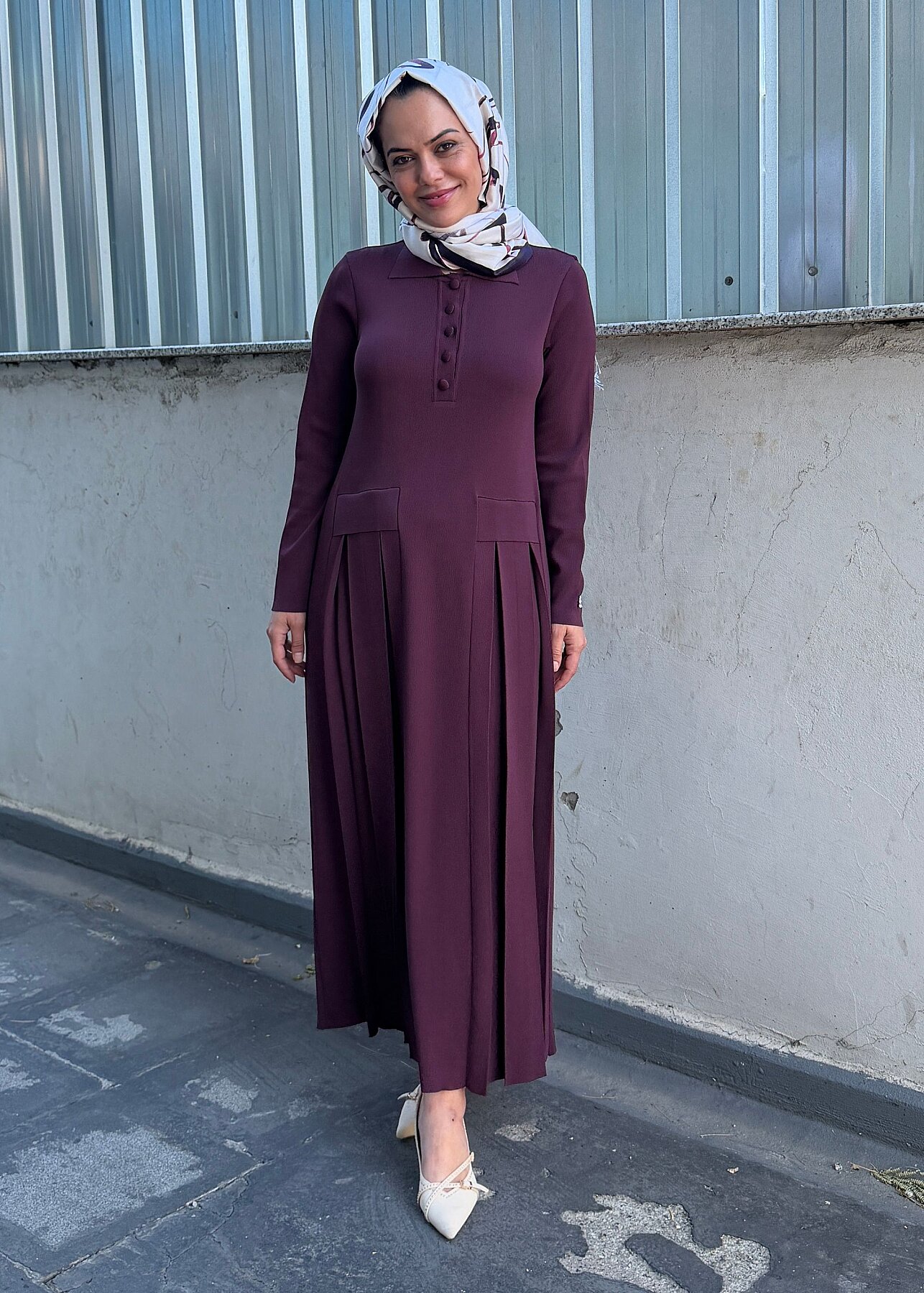 Miss Dalida Pile Detaylı Gömlek Yaka Uzun Elbise Oubergine - 4
