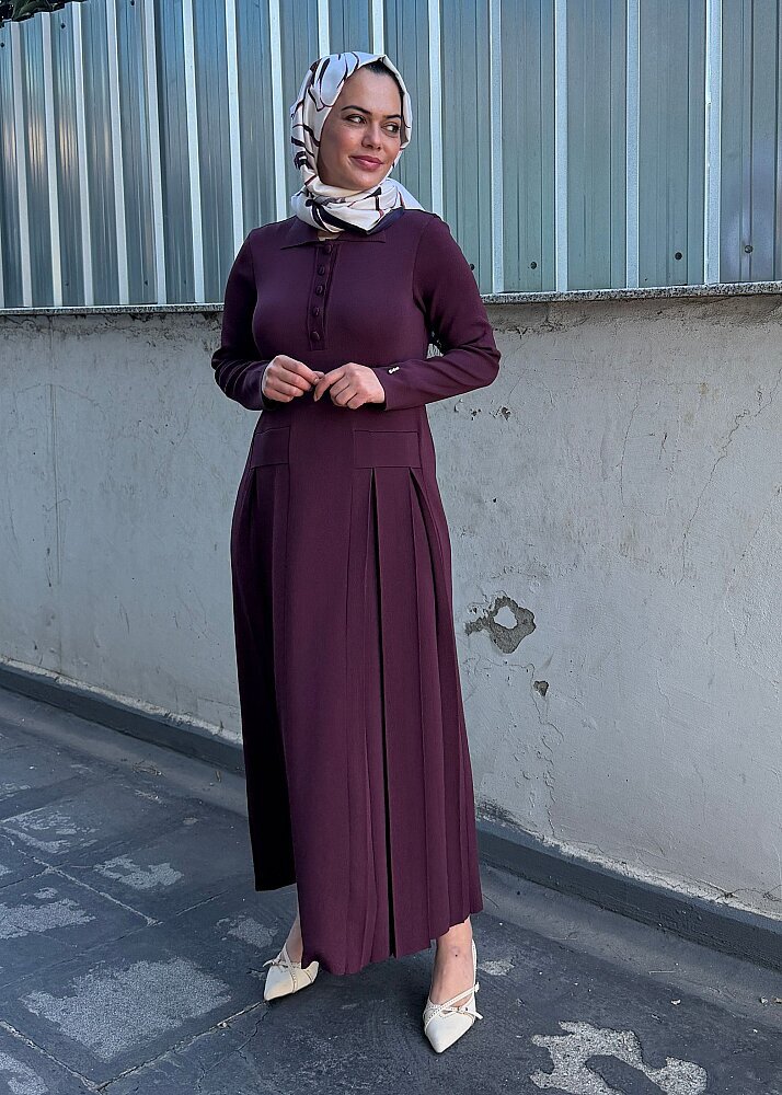 Miss Dalida Pile Detaylı Gömlek Yaka Uzun Elbise Oubergine - 5