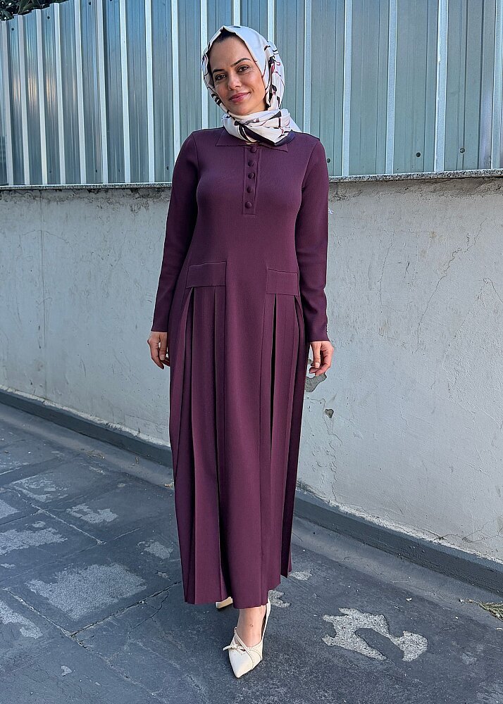Miss Dalida Pile Detaylı Gömlek Yaka Uzun Elbise Oubergine - 6
