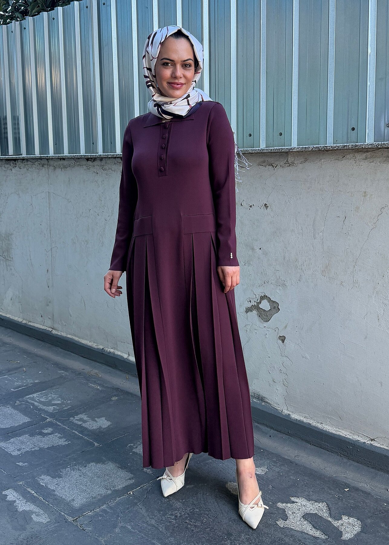 Miss Dalida Pile Detaylı Gömlek Yaka Uzun Elbise Oubergine - 1