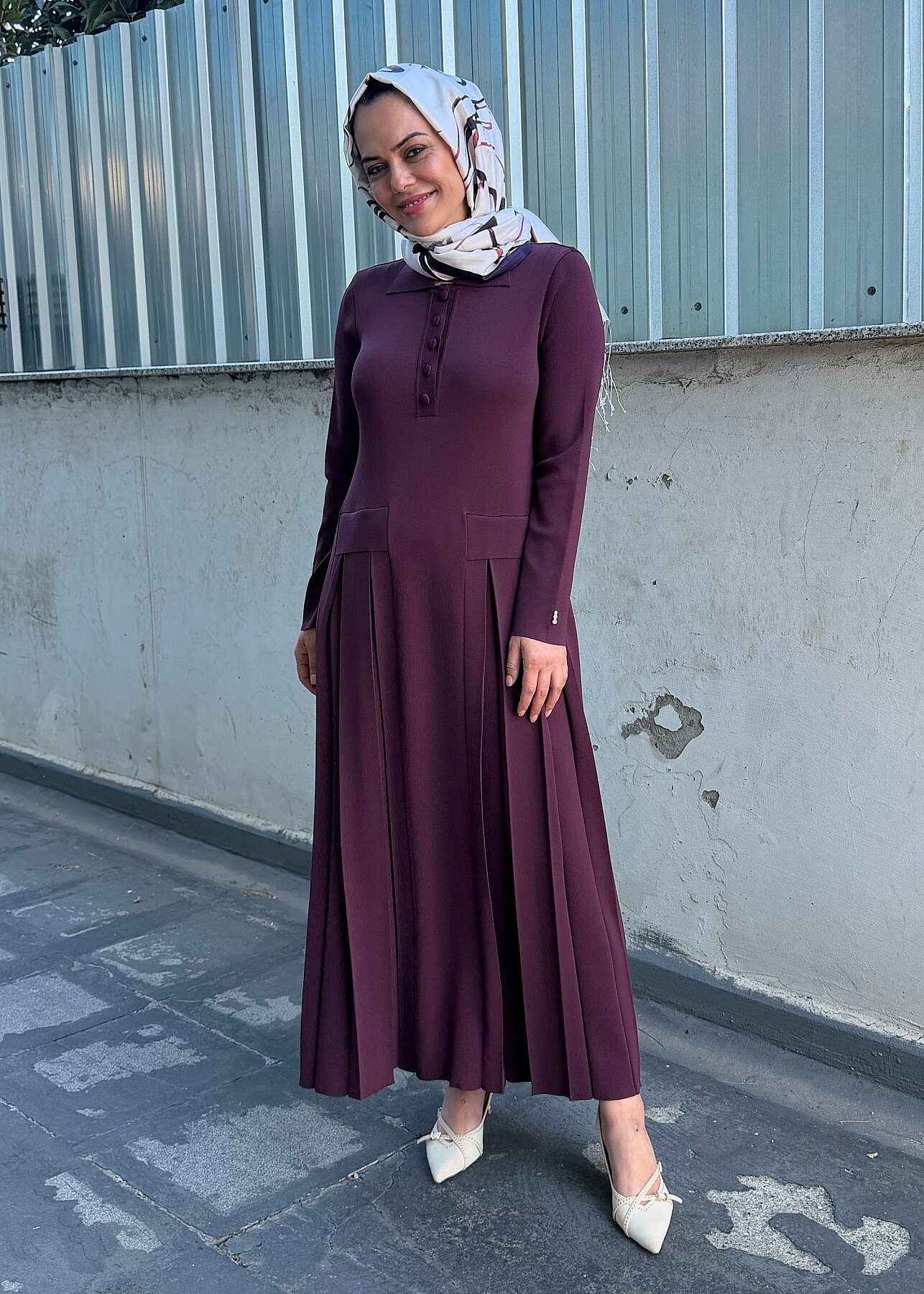 Miss Dalida Pile Detaylı Gömlek Yaka Uzun Elbise Oubergine - 7