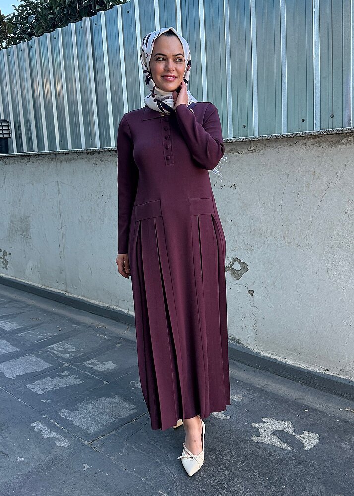 Miss Dalida Pile Detaylı Gömlek Yaka Uzun Elbise Oubergine - 8