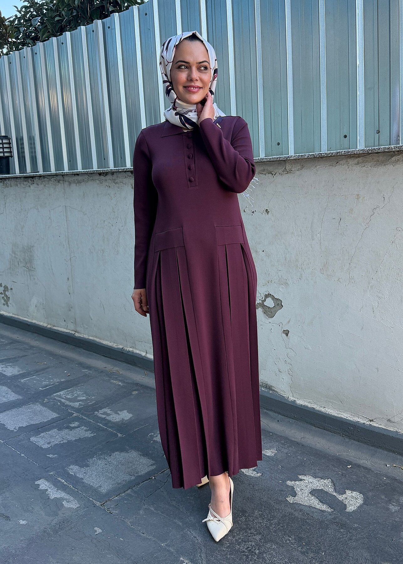 Miss Dalida Pile Detaylı Gömlek Yaka Uzun Elbise Oubergine - 8