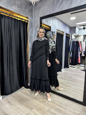 Miss Dalida Püskül Detaylı Triko Uzun Elbise BLACK - 1