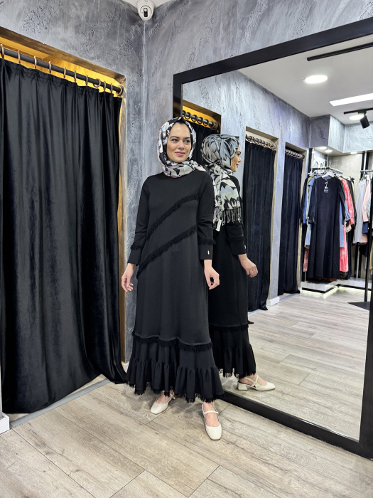 Miss Dalida Püskül Detaylı Triko Uzun Elbise BLACK - 1